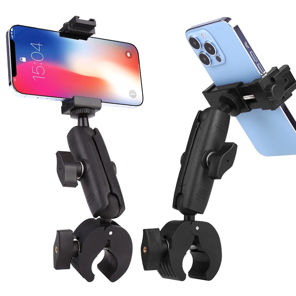 Two black phone holders with smartphone attachments on a white background