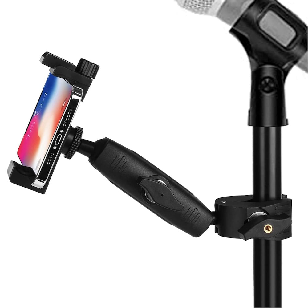 Adjustable phone clamp on microphone stand