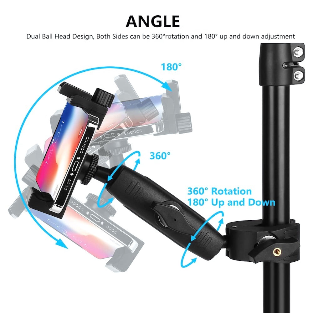Phone holder with dual ball head design showing 360-degree rotation and 180-degree up and down adjustment.
