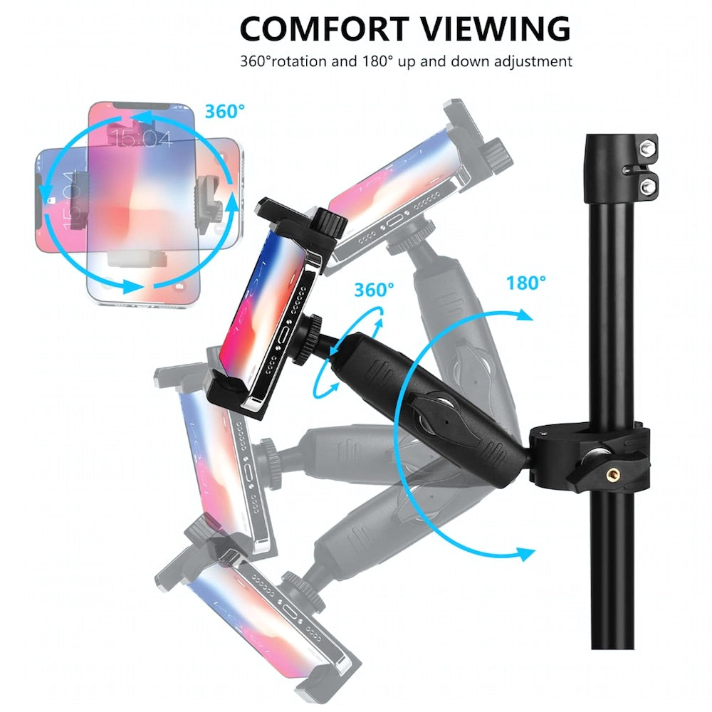Phone holder with 360-degree rotation and 180-degree adjustment on a white background