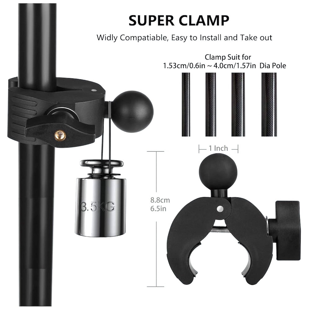 Phone holder super clamp with compatibility details and measurements on a white background