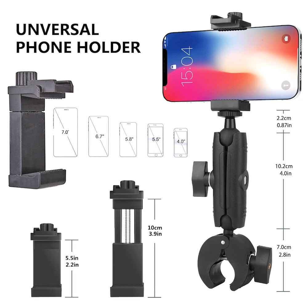 Universal phone holder with smartphone attachment, dimensions, and compatibility chart on a white background
