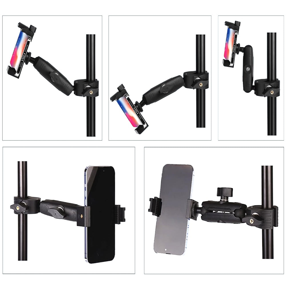 Collage of a flexible phone holder with smartphone attached on a white background