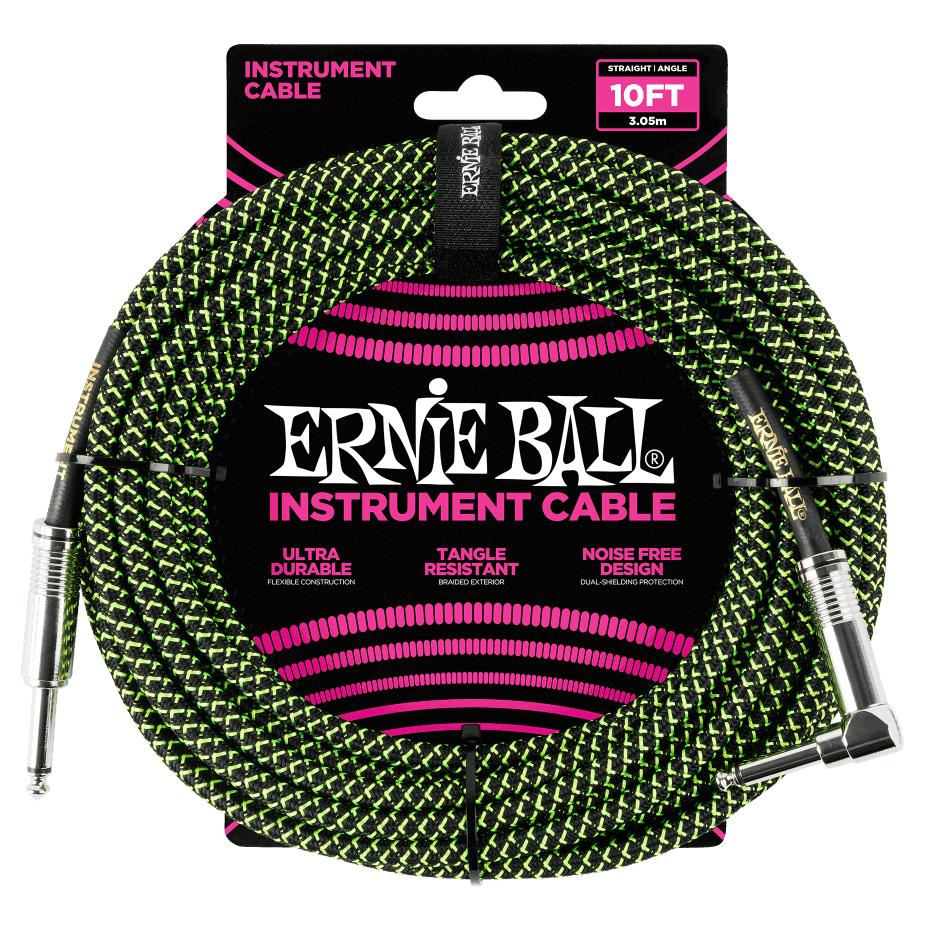 Ernie Ball P06077 Black/Green Braided Right Angled Jack to Straight Jack Instrument Cable - 10 Feet (3 Metre)-Cannon Sound And Light