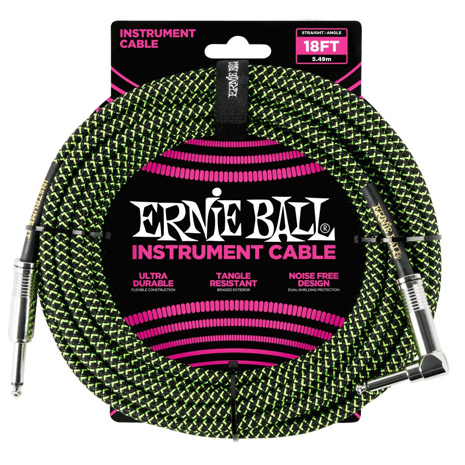 Ernie Ball P06082 Black/Green Braided Right Angled Jack to Straight Jack Instrument Cable - 18 Feet (5.5 Metre)-Cannon Sound And Light