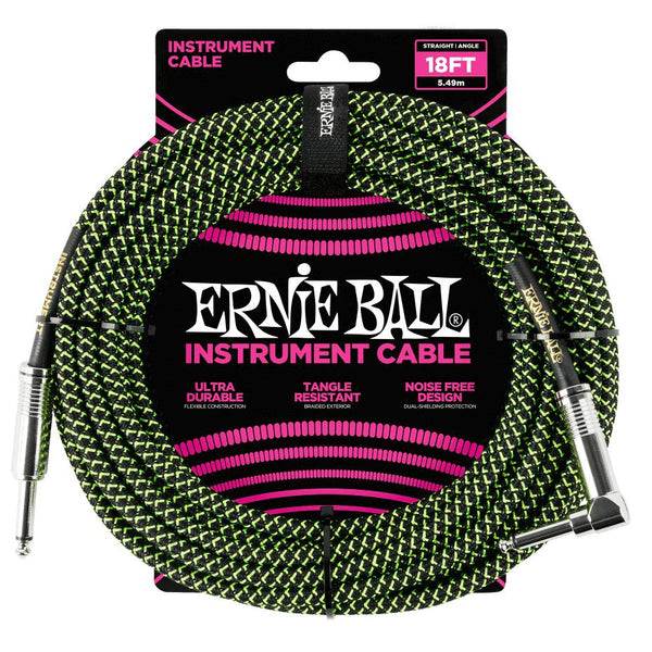 Ernie Ball P06082 Black/Green Braided Right Angled Jack to Straight Jack Instrument Cable - 18 Feet (5.5 Metre)-Cannon Sound And Light