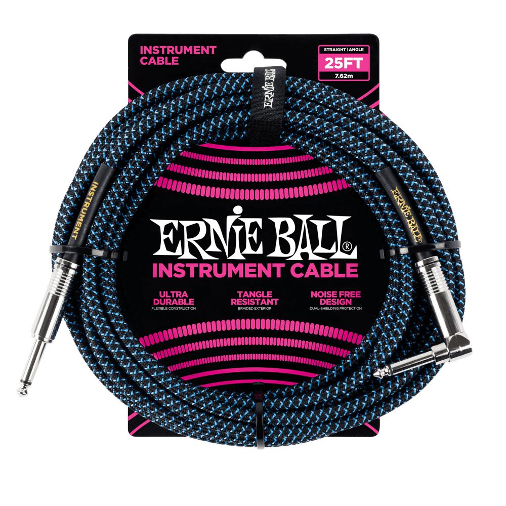 Ernie Ball P06060 Black/Blue Braided Right Angled Jack to Straight Jack Instrument Cable - 25 Feet (7.6 Metre)-Cannon Sound And Light
