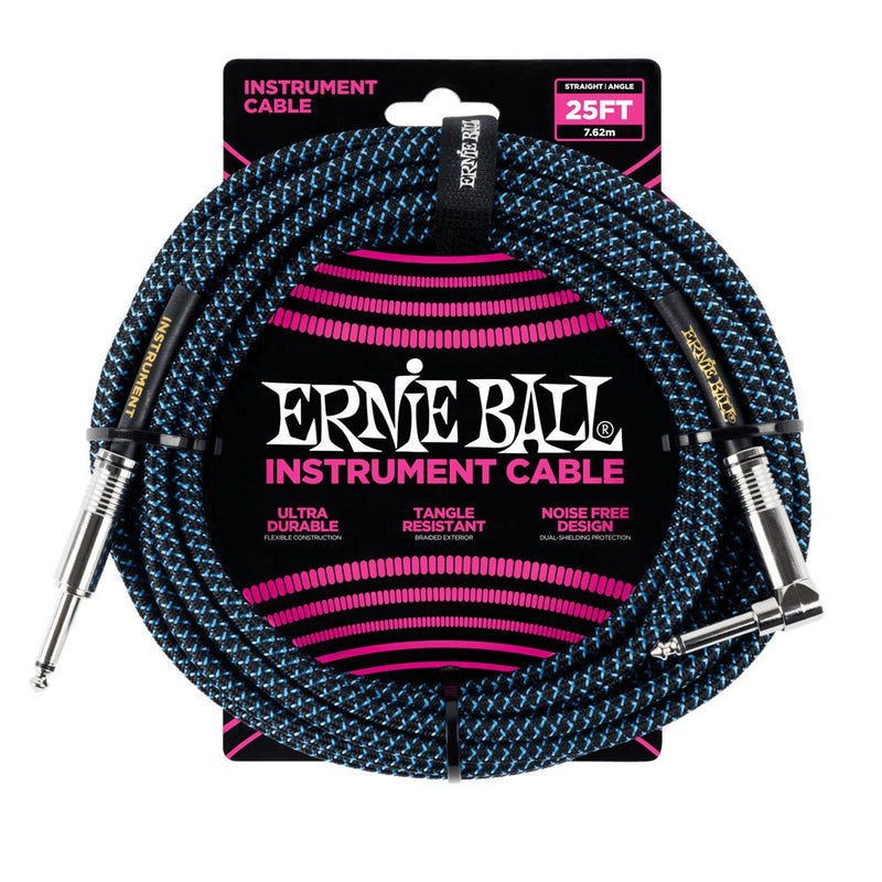 Ernie Ball P06060 Black/Blue Braided Right Angled Jack to Straight Jack Instrument Cable - 25 Feet (7.6 Metre)-Cannon Sound And Light