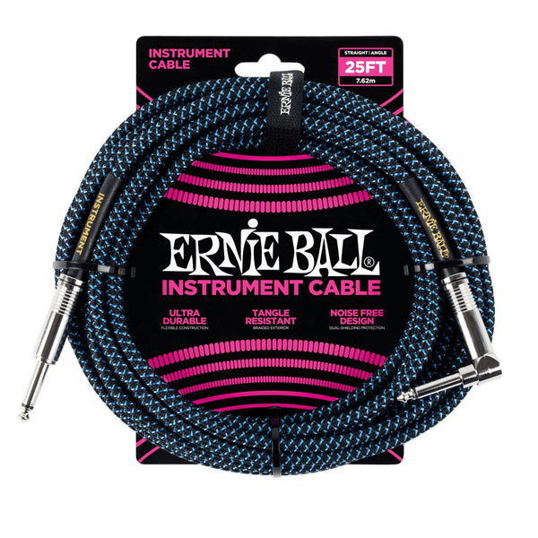 Ernie Ball P06060 Black/Blue Braided Right Angled Jack to Straight Jack Instrument Cable - 25 Feet (7.6 Metre)-Cannon Sound And Light