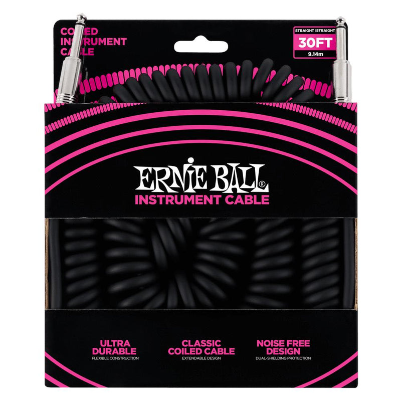 Ernie Ball P06044 Black Coiled Straight to Straight Instrument Cable - 9 Metre-Cannon Sound And Light