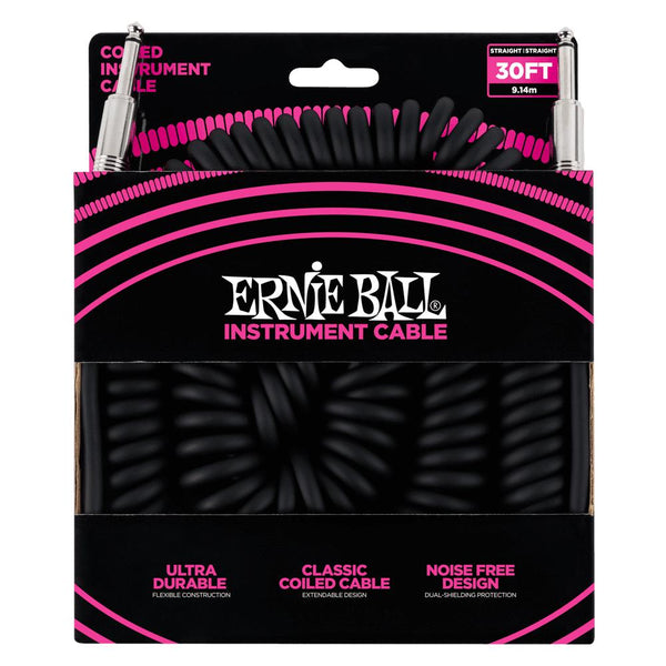 Ernie Ball P06044 Black Coiled Straight to Straight Instrument Cable - 9 Metre-Cannon Sound And Light