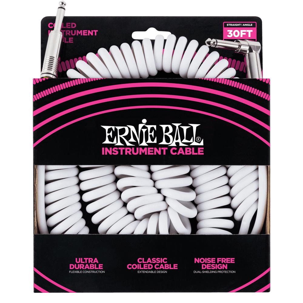 Ernie Ball P06045 White Coiled Straight to Angled Instrument Cable - 9 Metre-Cannon Sound And Light