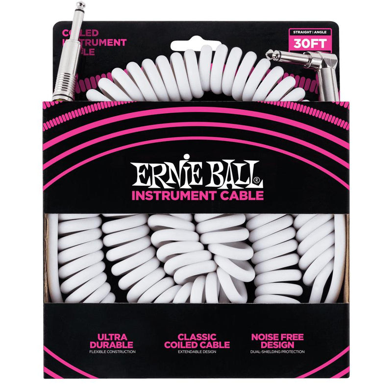 Ernie Ball P06045 White Coiled Straight to Angled Instrument Cable - 9 Metre-Cannon Sound And Light