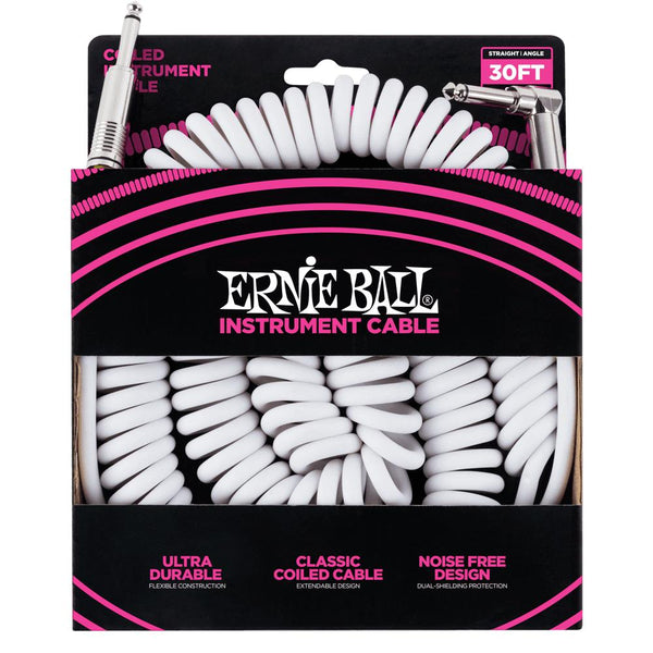 Ernie Ball P06045 White Coiled Straight to Angled Instrument Cable - 9 Metre-Cannon Sound And Light