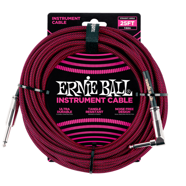 Ernie Ball P06062 Black/Red Braided Right Angled Jack to Straight Jack Instrument Cable - 25 Feet (7.6 Metre)