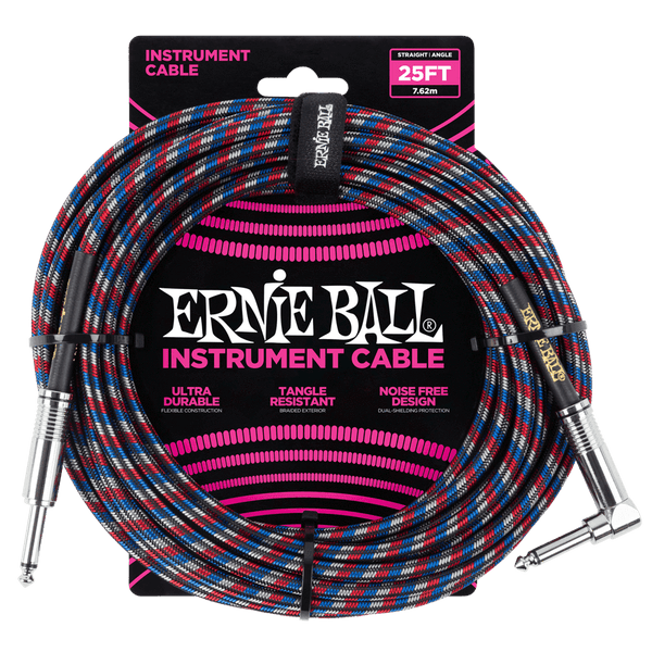 Ernie Ball P06063 Black/Red/Blue/White Braided Right Angled Jack to Straight Jack Instrument Cable - 25 Feet (7.6 Metre)