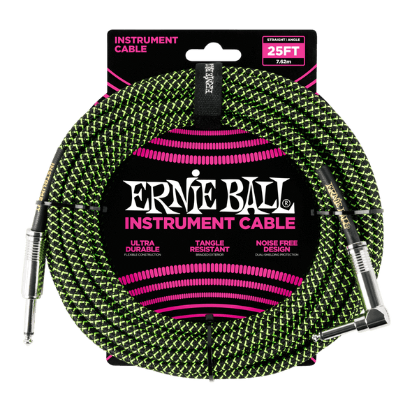 Ernie Ball P06066 Black/Green Braided Right Angled Jack to Straight Jack Instrument Cable - 25 Feet (7.6 Metre)