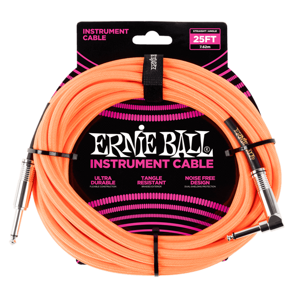Ernie Ball P06067 Neon Orange Braided Right Angled Jack to Straight Jack Instrument Cable - 25 Feet (7.6 Metre)
