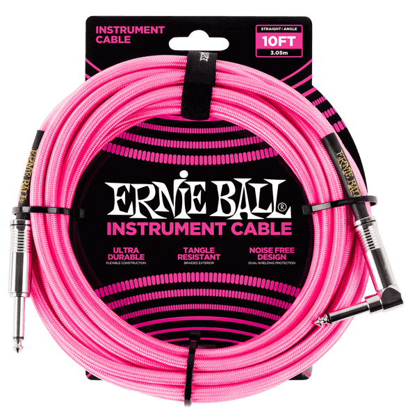 Ernie Ball P06078 Neon Pink Braided Right Angled Jack to Straight Jack Instrument Cable - 10 Feet (3 Metre)