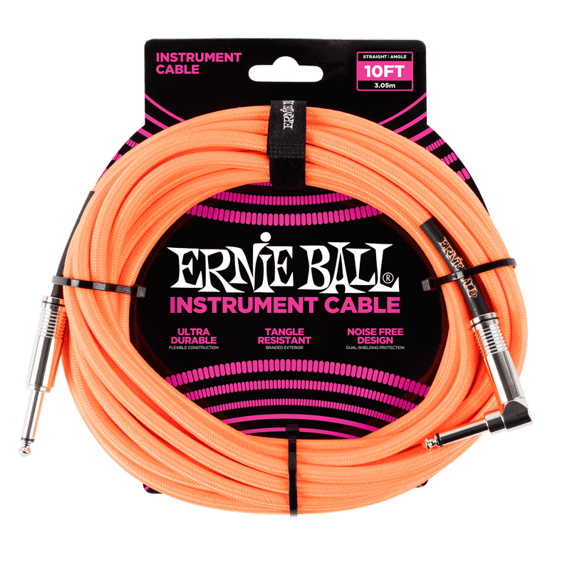 Ernie Ball P06079 Neon Orange Braided Right Angled Jack to Straight Jack Instrument Cable - 10 Feet (3 Metre)