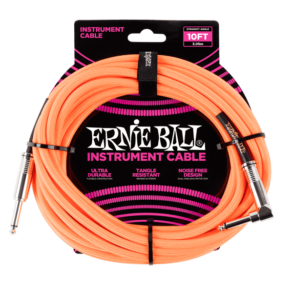 Ernie Ball P06079 Neon Orange Braided Right Angled Jack to Straight Jack Instrument Cable - 10 Feet (3 Metre)