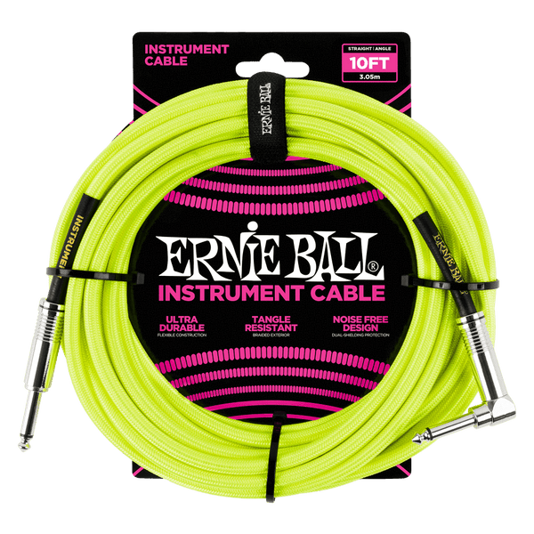 Ernie Ball P06080 Neon Yellow Braided Right Angled Jack to Straight Jack Instrument Cable - 10 Feet (3 Metre)