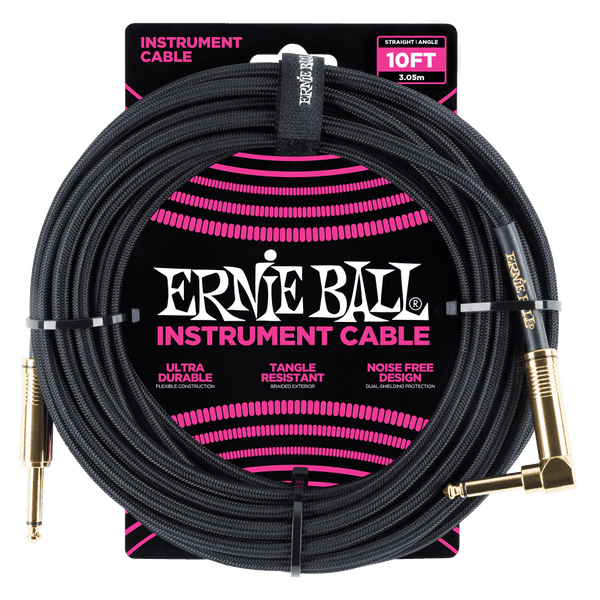 Ernie Ball P06081 Black Braided Right Angled Jack to Straight Jack Instrument Cable - 10 Feet (3 Metre)