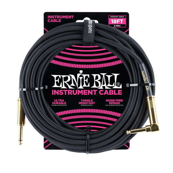 Ernie Ball P06086 Black Braided Gold Plated Right Angled Jack to Straight Jack Instrument Cable - 18 Feet (5.5 Metre)