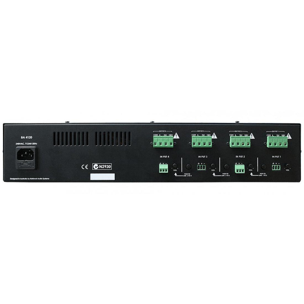 inDESIGN BA4120 4 x 120Watt Basic 4 Ohm or 100V Line Power Amplifier-Cannon Sound And Light