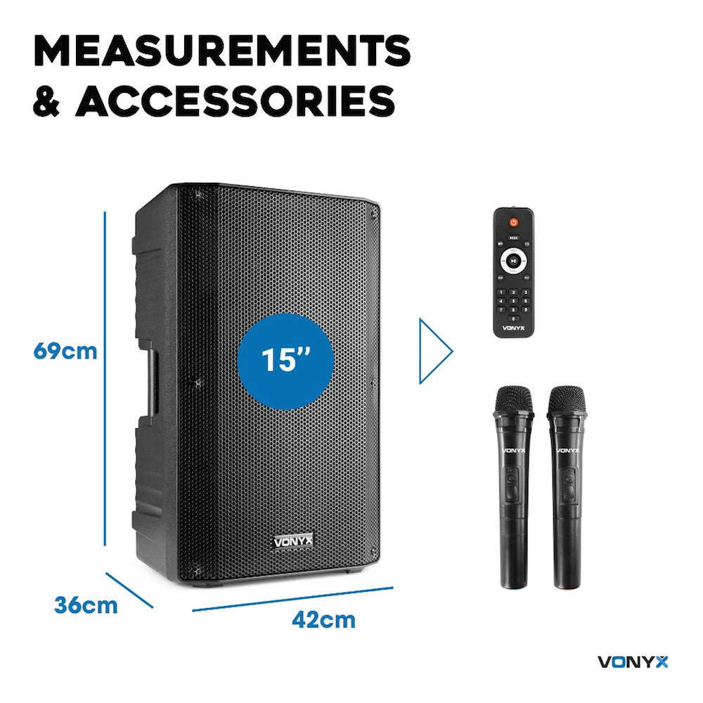 Vonyx VSA700-PA 15″ Portable PA System w/2x Wireless Mics - Cannon