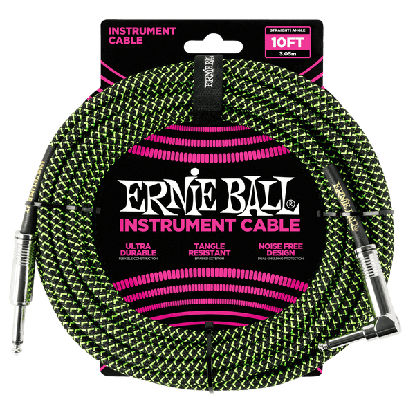 Ernie Ball Braided Right Angled Jack to Straight Jack Instrument Cable - 10 Feet (3 Metre) - Black/Green
