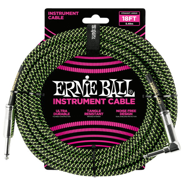 Ernie Ball Braided Right Angled Jack to Straight Jack Instrument Cable - 18 Feet (5.5 Metre) - Black/Green
