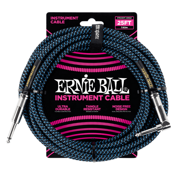 Ernie Ball Braided Right Angled Jack to Straight Jack Instrument Cable - 25 Feet (7.6 Metre) - Black/Blue