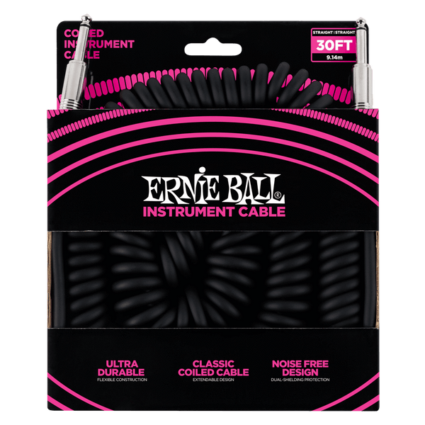 Ernie Ball P06044 Coiled Straight to Straight 9 Metre Instrument Cable - Black