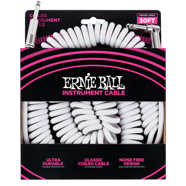 Ernie Ball P06045 White Coiled Straight to Angled Instrument Cable - 9 Metre